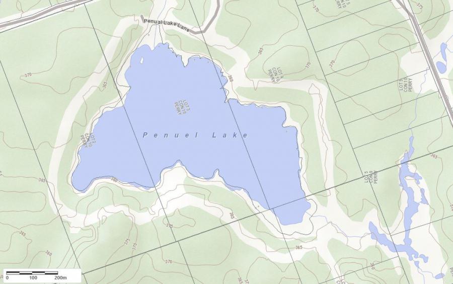 Topographical Map of Penuel Lake in Municipality of Perry and the District of Parry Sound